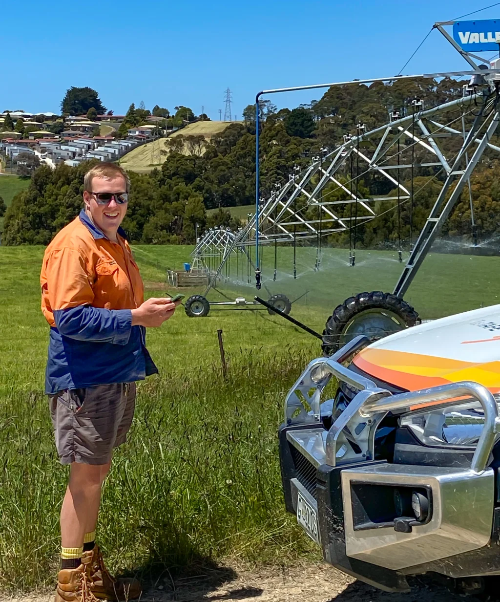 Jayden Limbrick, Training Farm Operations Manager at TasTAFE’s Freer Farm Training Facility fires up the farm’s centre pivot - one of the most advanced in the state.